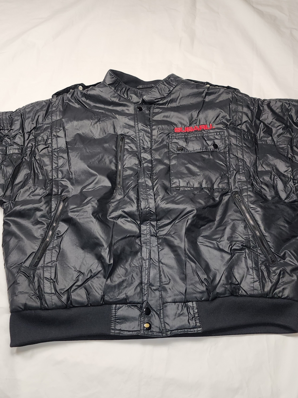 Vtg Black Nylon Quilted Bomber Jacket Red Embroidered "SUBARU" Logo Size Xlarge